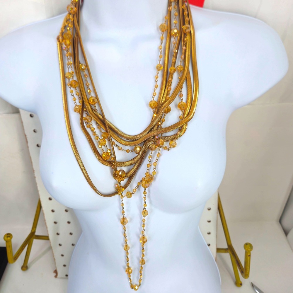 Akira Gold Multi Strand Snake Chain Topaz Crystal Necklace Aurora Borealis *read